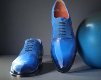 Handgemachte Blaue Leder Oxford Schuhe: Maßgeschneiderte Herrenschuhe