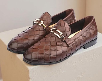 Handmade Woven Leather Loafers: Men's Brown Slip-On Dress Shoes