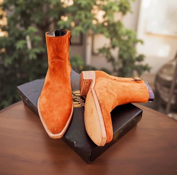 Orange Suede Chelsea Boots: Handmade Leather Sole Ankle  display picture 1