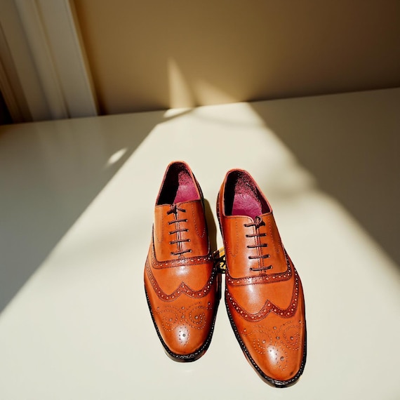 Handmade Tan Leather Oxford Brogue Shoes: Classic Wingtip  display picture 1