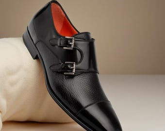 Handmade Black Leather Double Monk Strap Shoes | Men’s Formal Dress & Wedding Footwear