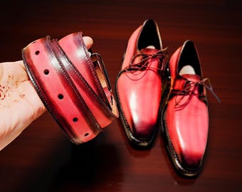 ハンドメイドのピンクのパティーナレザードレスシューズとベルトセット：メンズフォーマルシューズ