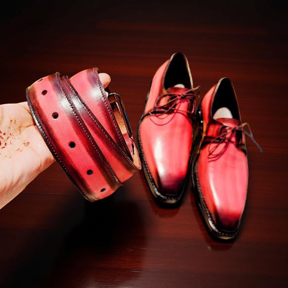 Handmade Pink Patina Leather Dress Shoes & Belt Set: Men's Formal Footwear