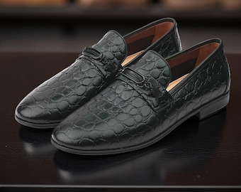 Handcrafted Crocodile Embossed Leather Loafers: Men's Formal Slip-Ons