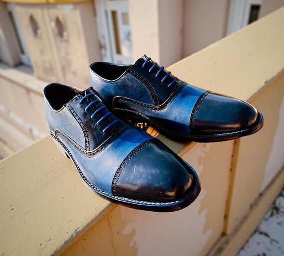 Handmade Blue Leather Oxford Shoes: Men's Cap Toe Brogues