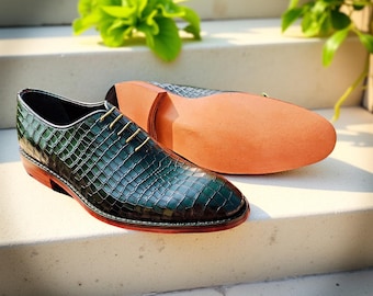 Groene Oxford-schoenen met krokodilreliëf: handgemaakte leren zool trouwjurkschoenen