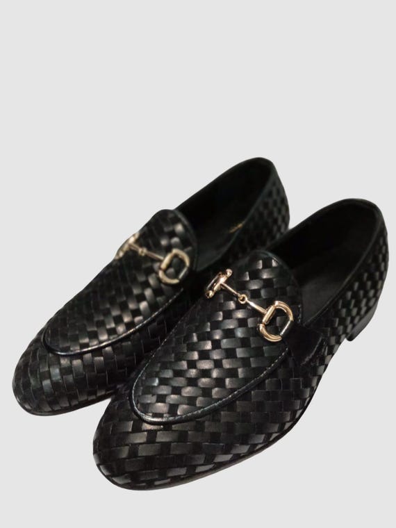 Handmade Black Woven Leather Loafers: Italian Style Horsebit Slip-Ons