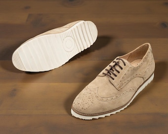 ハンドメイドスエードウィングチップブローグ：ヴィンテージレザーオックスフォードシューズ