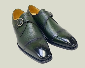 Handgemaakte groene leren schoenen met gesp | Geklede brogueschoenen met kap teen