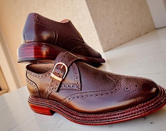 Handmade Leather Monk Strap Brogues: Wingtip Wedding Shoes