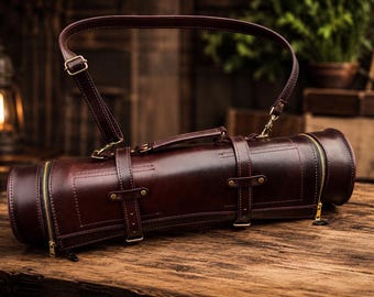 Full Grain Leather Tool Roll Bag with Shoulder Strap | Handmade Organizer for Knives, Chisels