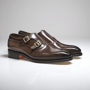 Handmade Brown Leather Double Monk Strap Brogue Shoes for Men