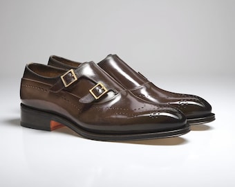 Handmade Brown Leather Double Monk Strap Brogue Shoes for Men