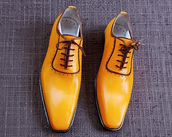 Handmade Mustard Yellow Leather Oxford Shoes Square Toe Men’s Formal Lace Up Custom