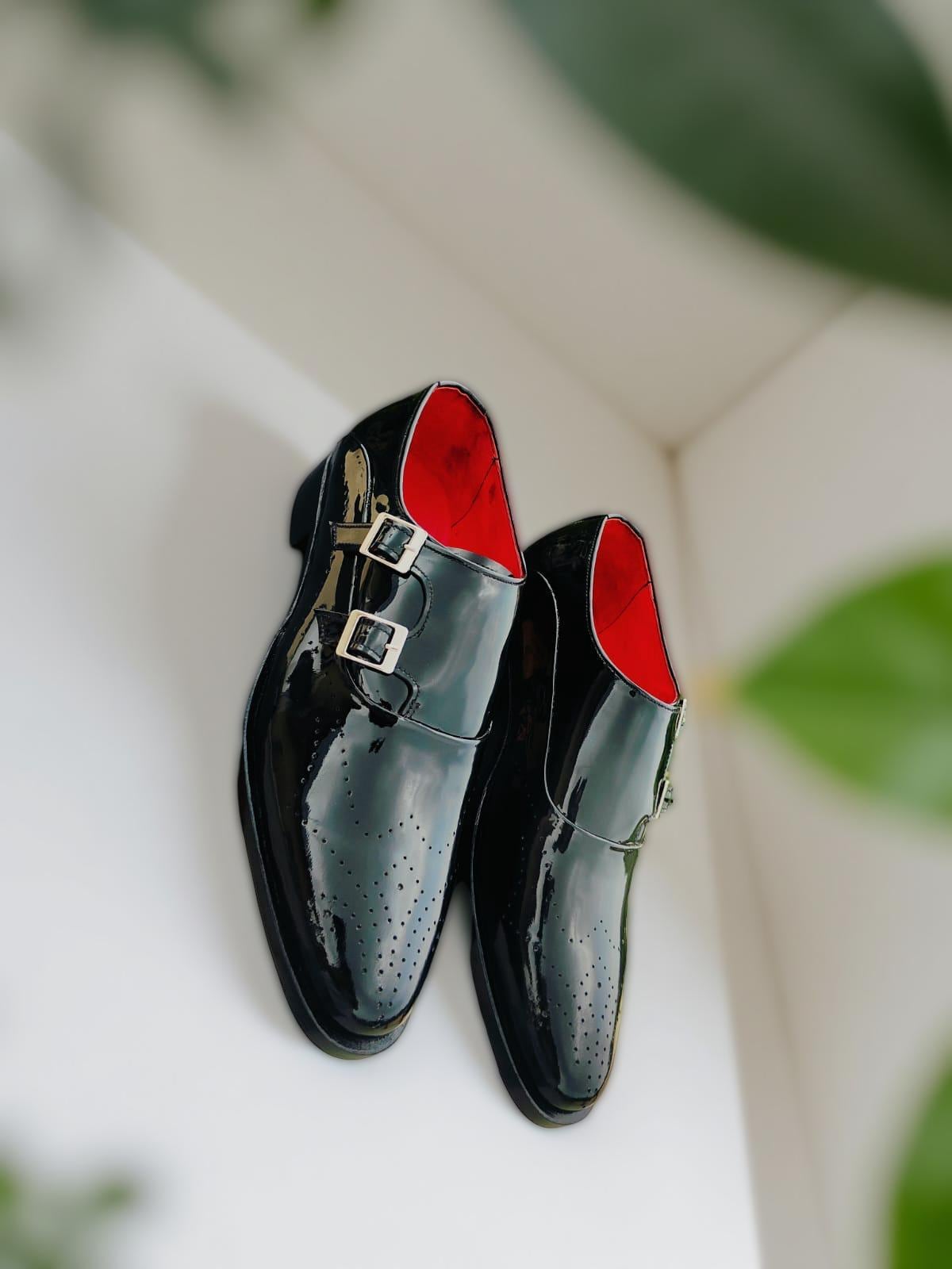 Handmade Patent Leather Double Monk Strap Brogue Shoes - Red  display picture 2