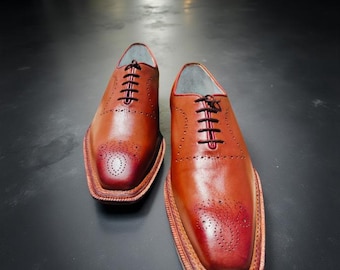 ハンドメイドブラウンパティーナレザーオックスフォードシューズ：セミブローグウェディングシューズ