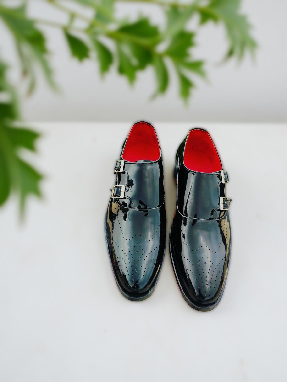 Men\'s Handmade Red Double Monk Strap Cap Toe Brogue Patina Shoes. Toecap Double Monks Dark Burgundy | Handcrafted | 3DM Lifestyle main image 3