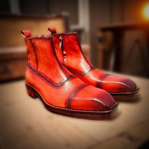 Handmade Oxblood Leather Zipper Boots: Cap Toe Ankle Dress  display picture 2