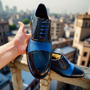 Handmade Blue Oxford Cap Toe Shoes | Men&#39;s Formal Leather Dress Shoes | Luxury Patina Wedding Shoes | Custom Brogue Shoes