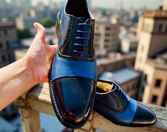 Handmade Blue Leather Oxford Shoes: Men's Cap Toe Brogues