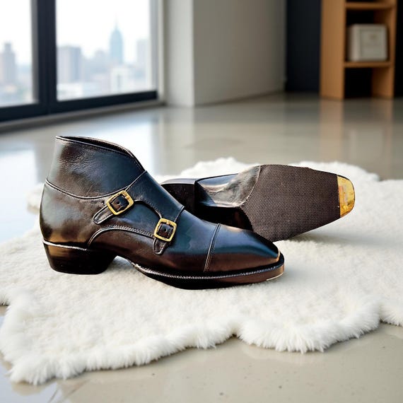 Handmade Black Leather Double Monk Strap Boots: Square Toe Wedding Dress Shoes