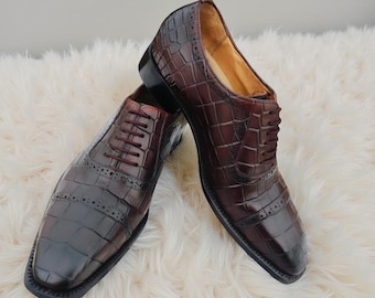 Handmade Crocodile Embossed Leather Oxford Shoes: Cap Toe Dress Shoes