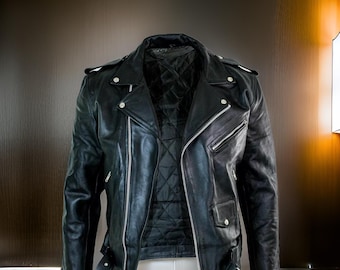 ハンドメイドのブラックラムスキンレザーバイカージャケット：カスタムブランドスタイル