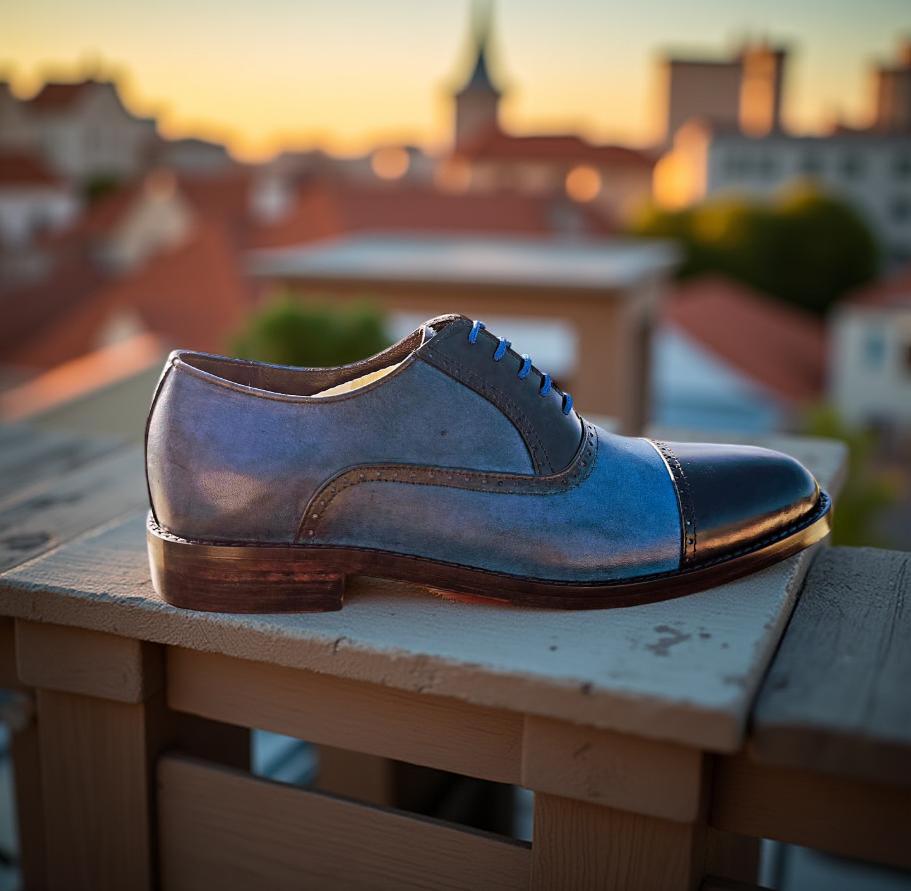 Handmade Blue Leather Oxford Shoes: Men display picture 1