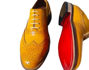 Handmade Mustard Yellow Leather Oxford Shoes: Full Brogue Wingtip