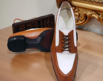 Handmade Two-Tone Leather Spectator Derby Shoes: Wingtip Brogues
