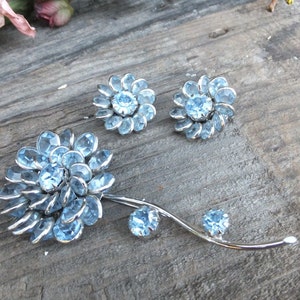 Vintage FENICHEL Designer Stamped Clip on Earrings w/Matching Brooch, Light Gray Blue Set, Jewelry Set