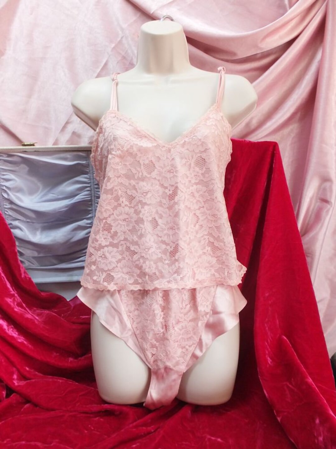 トップス 1920s Pale Pink Silk Lingerie Pink Satin Nightgown Women's 1920's Style Lingerie Lace Pink