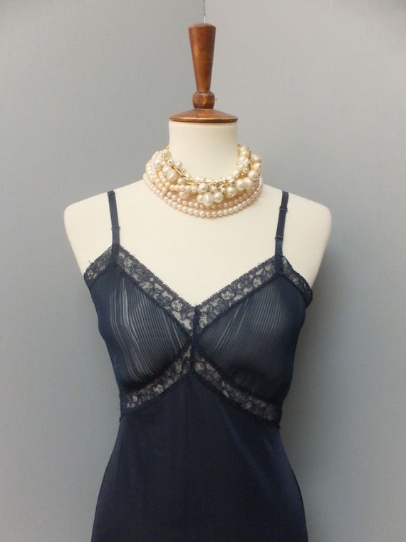 1950s/60s Vanity Fair Navy Blue Ruffle Slip, Slip… - image 2