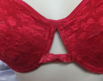 Vintage Bra, Playtex, RED Lace Bra 36C, Sexy Key Hole Bra