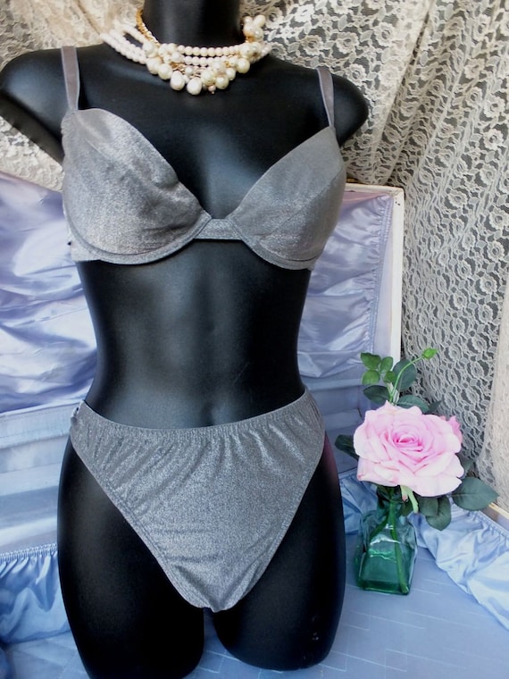 Vintage Victoria's Secret Bra and Matching Panties / Shimmering Gray Bra  36B and Thong Size Large 