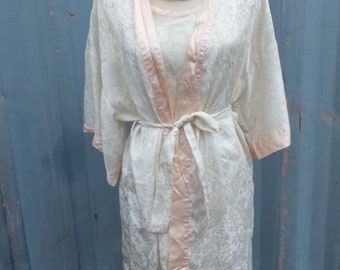 Vintage Val Mode Peignoir Set, Knee Length Ivory w/Pinkish Trim Two Pc Set, Lingerie,  Bridal or Wedding Lingerie, Bust 32 size Small