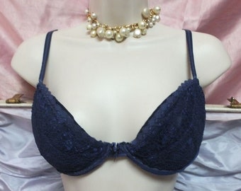 Vintage Bra, RENE ROFE Navy Blue Lace Bra 36C, Sexy Push Up, Padded Lingerie, Underwire Foundation Garment