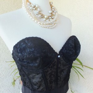 Vintage Bustier, Long Line Bra,  BLACK Lace Strapless Bra, Sexy Lingerie, Underwire Foundation Garment, 38B by Sears