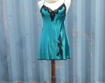 Vintage FREDERICKS of HOLLYWOOD, Sexy  Baby Doll Nightie, Green Satin Lingerie,  Small,