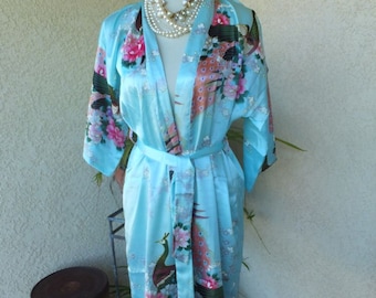 Vintage SILK Robe Floral Asian Style, Knee Length Oriental Village Silk Collection size Small