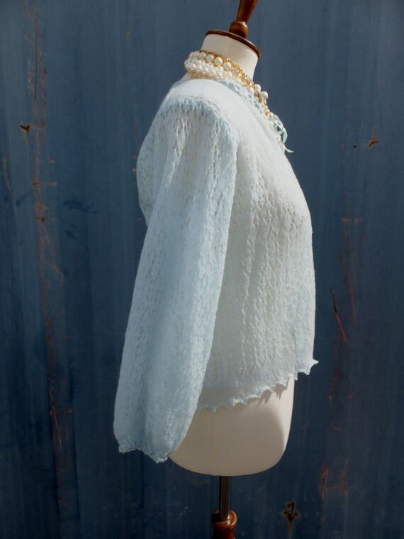 Vintage 60s Light Blue Knit Bed Jacket Size Small - image 3