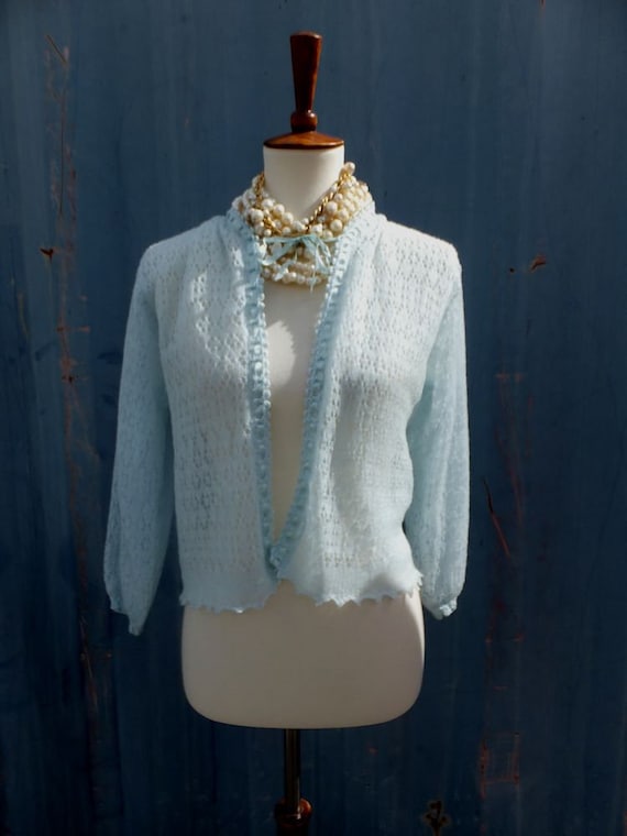 Vintage 60s Light Blue Knit Bed Jacket Size Small - image 1