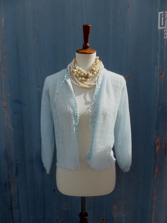 Vintage 60s Light Blue Knit Bed Jacket Size Small - image 7