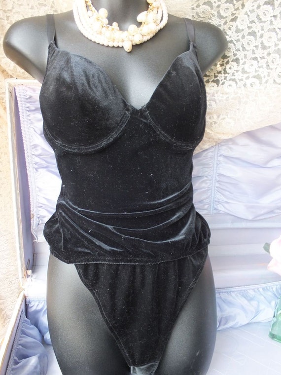 Vintage Bra, Victoria's Secret Black Velvet Cami or Longline Bra, Bra 36B 