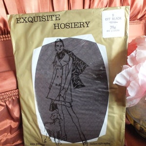 May include: A vintage package of Exquisite Hosiery in off black color. The package features a woman in a coat and a dog, with the text "EXQUISITE HOSIERY" and "100% NYLON". The price is 79 cents and the RN number is 14596.