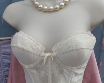 Vintage Lady Marlene Ivory Satin Bustier, 1980s - 90s Bridal Corset, Padded Molded Cups, Lace Front, Size 34 Vintage Wedding Lingerie