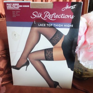 Vintage Pair of Hanes Silk Reflections Silky Sheer Thigh Highs Sandlefoot Hosiery  Stockings Jet Size Cd'll 