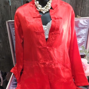 Vintage PAJAMAS,  2 pc Set, Red Satin Fabric Top and Pants, Asian Styling, size S/M