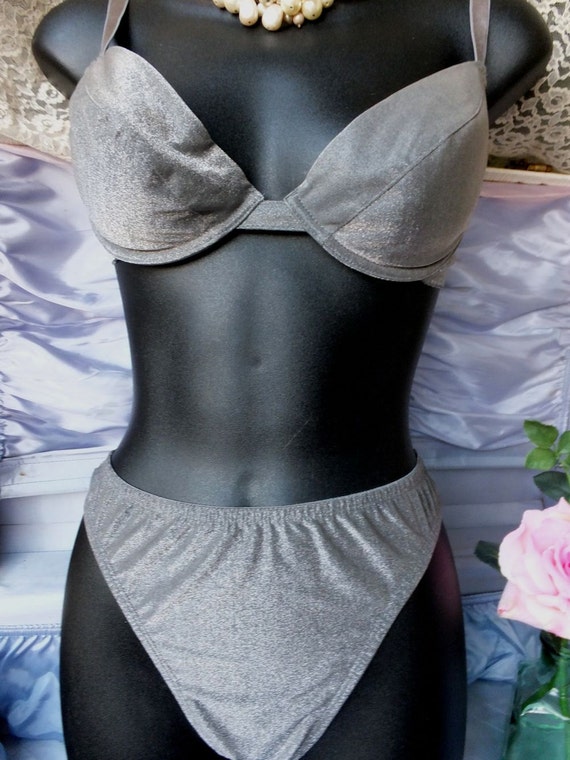 Vintage Victoria's Secret Bra and Matching Panties / Shimmering Gray Bra 36B  and Thong Size Large -  Australia