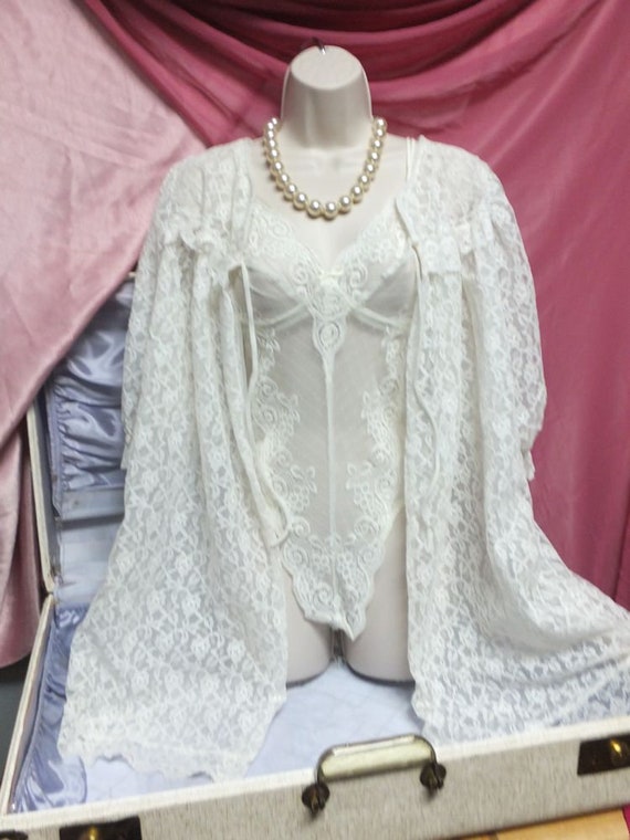 Vintage Robe, Beautiful Off White Lace Robe, Knee… - image 5